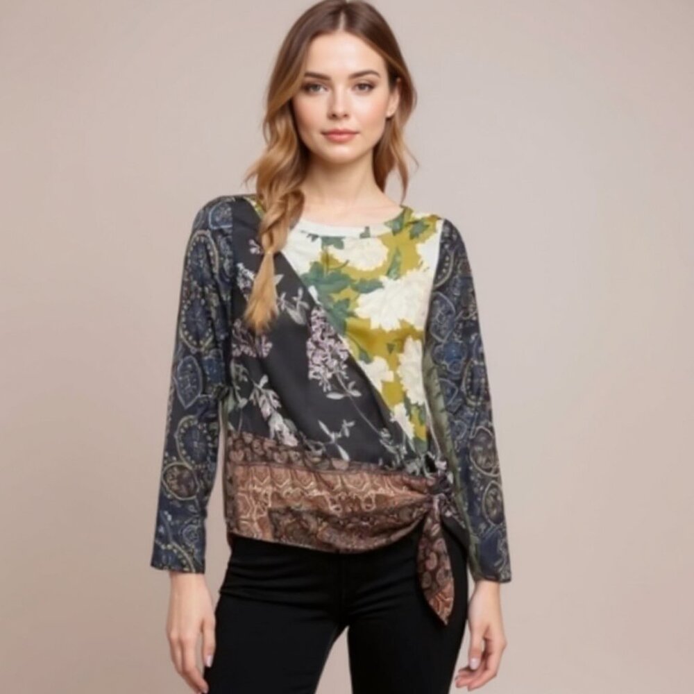 Anthropologie TINY Bohemian Mixed Media Floral Front Knot Blouse Satin Top